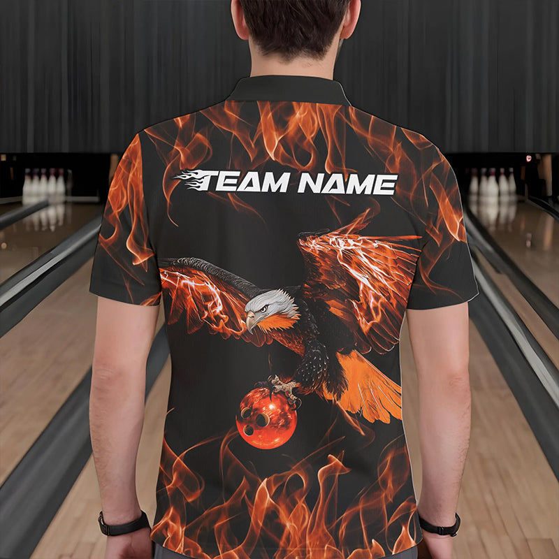 Maßgeschneiderte Schwarz-Orange Flammen-Adler Bowling-Team Herren-Poloshirts, Adler-Bowling-Liga-Shirt IPHW8799