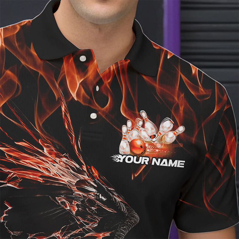 Maßgeschneiderte Schwarz-Orange Flammen-Adler Bowling-Team Herren-Poloshirts, Adler-Bowling-Liga-Shirt IPHW8799