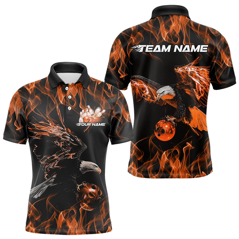 Maßgeschneiderte Schwarz-Orange Flammen-Adler Bowling-Team Herren-Poloshirts, Adler-Bowling-Liga-Shirt IPHW8799