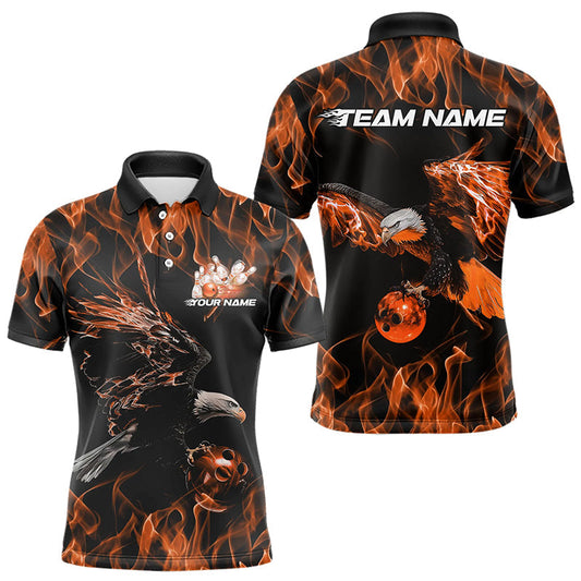 Maßgeschneiderte Schwarz-Orange Flammen-Adler Bowling-Team Herren-Poloshirts, Adler-Bowling-Liga-Shirt IPHW8799