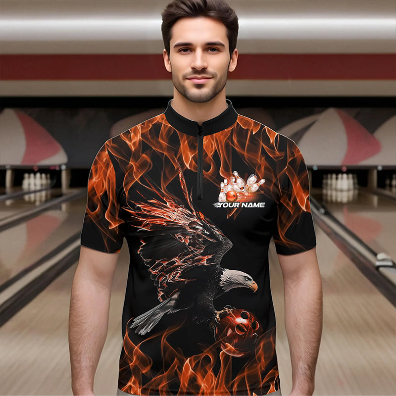 Maßgeschneiderte Schwarz-Orange Flammen-Adler Bowling-Team Herren-Quarter-Zip-Shirts, Adler-Bowling-Liga-Shirt IPHW8799