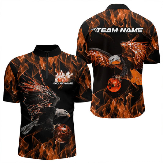 Maßgeschneiderte Schwarz-Orange Flammen-Adler Bowling-Team Herren-Quarter-Zip-Shirts, Adler-Bowling-Liga-Shirt IPHW8799