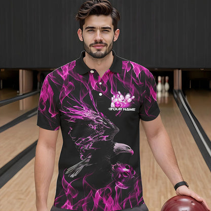 Maßgeschneiderte Schwarz-Pink Flammen-Adler Bowling-Team Herren-Poloshirts, Adler-Bowling-Liga-Shirt IPHW8800