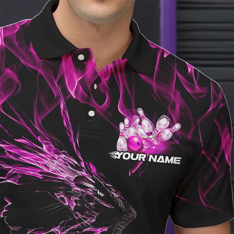 Maßgeschneiderte Schwarz-Pink Flammen-Adler Bowling-Team Herren-Poloshirts, Adler-Bowling-Liga-Shirt IPHW8800