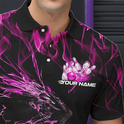 Maßgeschneiderte Schwarz-Pink Flammen-Adler Bowling-Team Herren-Poloshirts, Adler-Bowling-Liga-Shirt IPHW8800