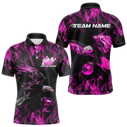 Maßgeschneiderte Schwarz-Pink Flammen-Adler Bowling-Team Herren-Poloshirts, Adler-Bowling-Liga-Shirt IPHW8800