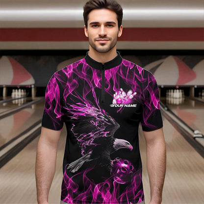 Maßgeschneiderte Schwarz-Pink Flammen-Adler Bowling-Team Herren-Quarter-Zip-Shirts, Adler-Bowling-Liga-Shirt IPHW8800