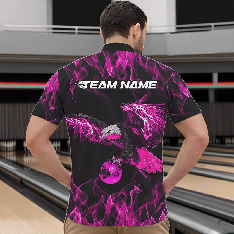 Maßgeschneiderte Schwarz-Pink Flammen-Adler Bowling-Team Herren-Quarter-Zip-Shirts, Adler-Bowling-Liga-Shirt IPHW8800