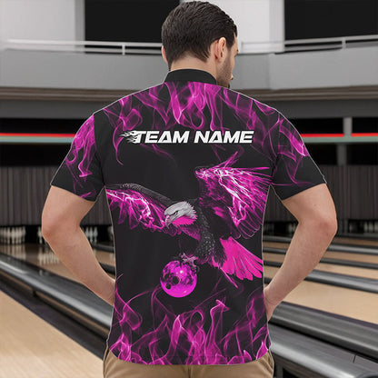 Maßgeschneiderte Schwarz-Pink Flammen-Adler Bowling-Team Herren-Quarter-Zip-Shirts, Adler-Bowling-Liga-Shirt IPHW8800