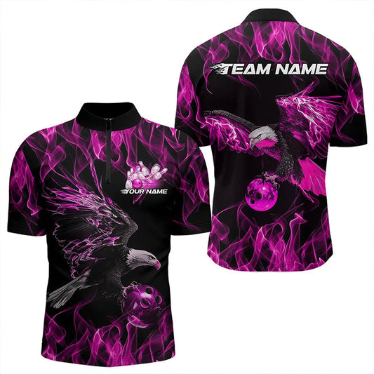 Maßgeschneiderte Schwarz-Pink Flammen-Adler Bowling-Team Herren-Quarter-Zip-Shirts, Adler-Bowling-Liga-Shirt IPHW8800