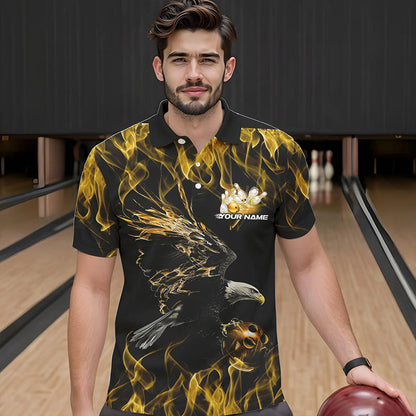Maßgeschneiderte Schwarz-Gold Flammen-Adler Bowling-Team Herren-Poloshirts, Adler-Bowling-Liga-Shirt IPHW8801