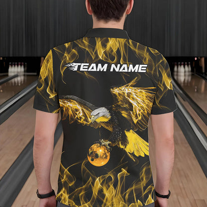 Maßgeschneiderte Schwarz-Gold Flammen-Adler Bowling-Team Herren-Poloshirts, Adler-Bowling-Liga-Shirt IPHW8801