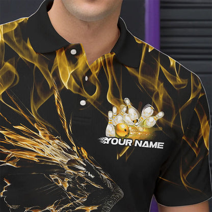 Maßgeschneiderte Schwarz-Gold Flammen-Adler Bowling-Team Herren-Poloshirts, Adler-Bowling-Liga-Shirt IPHW8801