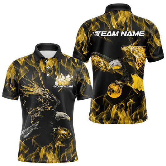 Maßgeschneiderte Schwarz-Gold Flammen-Adler Bowling-Team Herren-Poloshirts, Adler-Bowling-Liga-Shirt IPHW8801