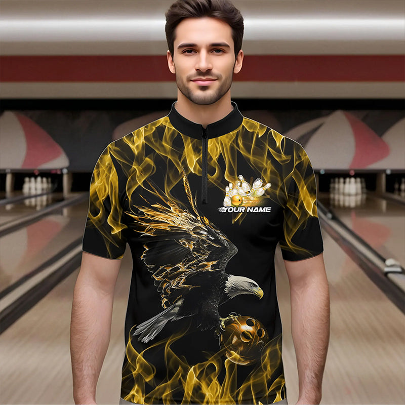 Maßgeschneiderte Schwarz-Gold Flammen-Adler Bowling-Team Herren-Quarter-Zip-Shirts, Adler-Bowling-Liga-Shirt IPHW8801