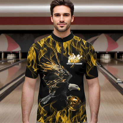 Maßgeschneiderte Schwarz-Gold Flammen-Adler Bowling-Team Herren-Quarter-Zip-Shirts, Adler-Bowling-Liga-Shirt IPHW8801