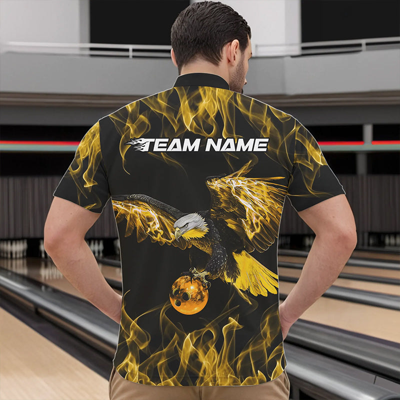 Maßgeschneiderte Schwarz-Gold Flammen-Adler Bowling-Team Herren-Quarter-Zip-Shirts, Adler-Bowling-Liga-Shirt IPHW8801
