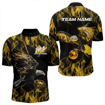 Maßgeschneiderte Schwarz-Gold Flammen-Adler Bowling-Team Herren-Quarter-Zip-Shirts, Adler-Bowling-Liga-Shirt IPHW8801