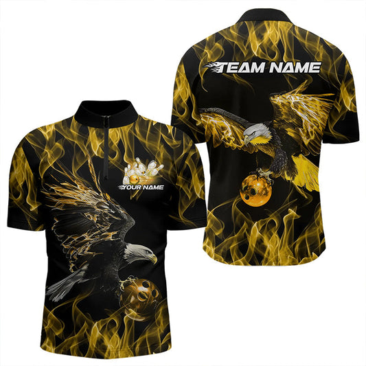 Maßgeschneiderte Schwarz-Gold Flammen-Adler Bowling-Team Herren-Quarter-Zip-Shirts, Adler-Bowling-Liga-Shirt IPHW8801