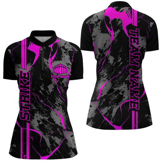 Individuelle pinke "Strike"-Bowlinghemden für Damen, Quarter-Zip, pinke Camo-Bowlingteam-Trikots IPHW5384