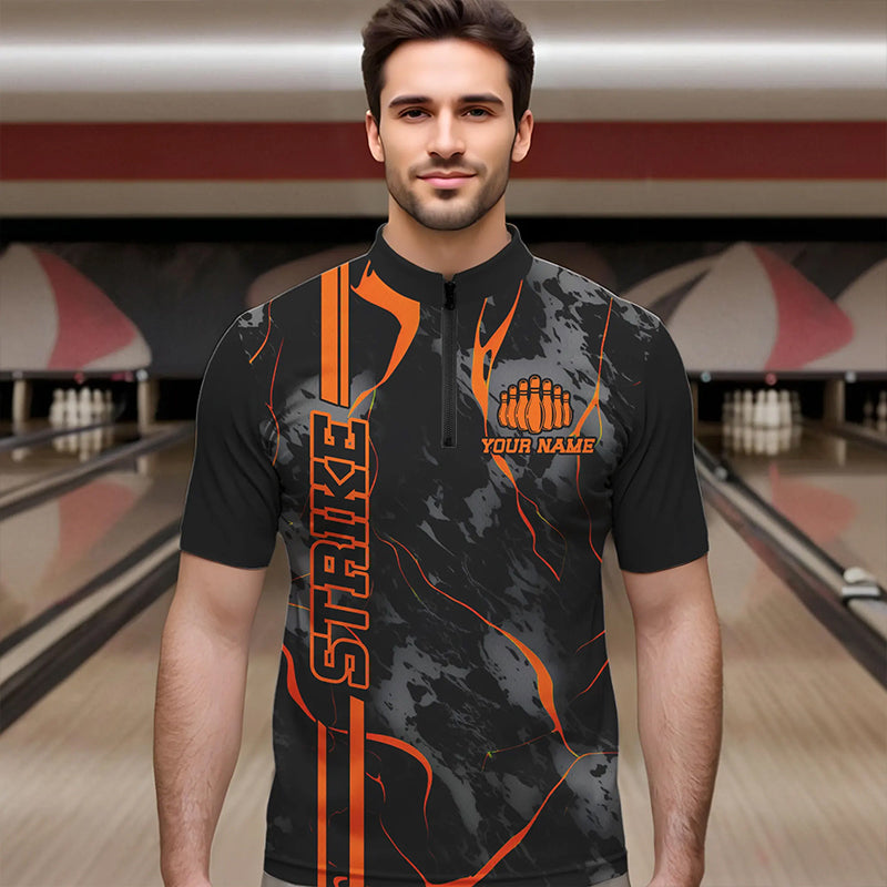 Individuelle orange "Strike"-Bowlinghemden für Herren, Quarter-Zip, orange Camo-Bowlingteam-Trikots, Bowlingliga IPHW5385