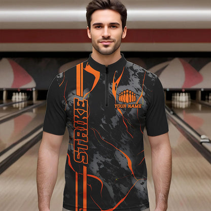 Individuelle orange "Strike"-Bowlinghemden für Herren, Quarter-Zip, orange Camo-Bowlingteam-Trikots, Bowlingliga IPHW5385