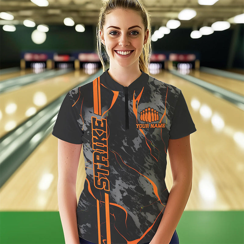 Individuelle orange "Strike"-Damen-Bowlinghemden, Quarter-Zip, orange Camo-Bowlingteam-Trikots IPHW5385