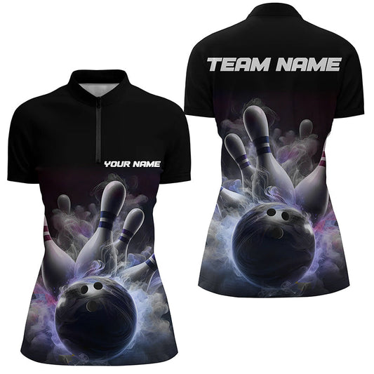 Individuelle Damen-Bowling-Quarter-Zip-Hemden, Smoke-Bowlingteam-Trikots, "Strike"-Bowling-Hemden IPHW5402