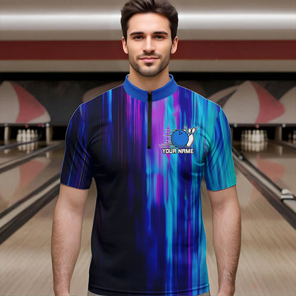Blau-lila individuelle Bowling-Quarter-Zip-Hemden für Herren, Galaxy-Bowlingteamhemden IPHW6793