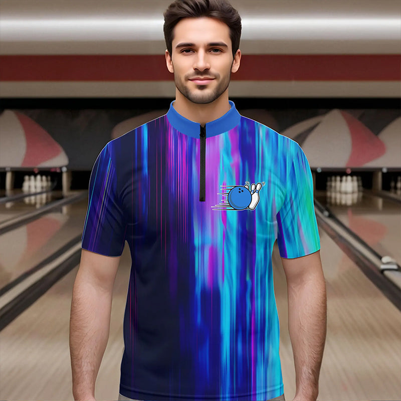 Blau-lila individuelle Bowling-Quarter-Zip-Hemden für Herren, Galaxy-Bowlingteamhemden IPHW6793.1