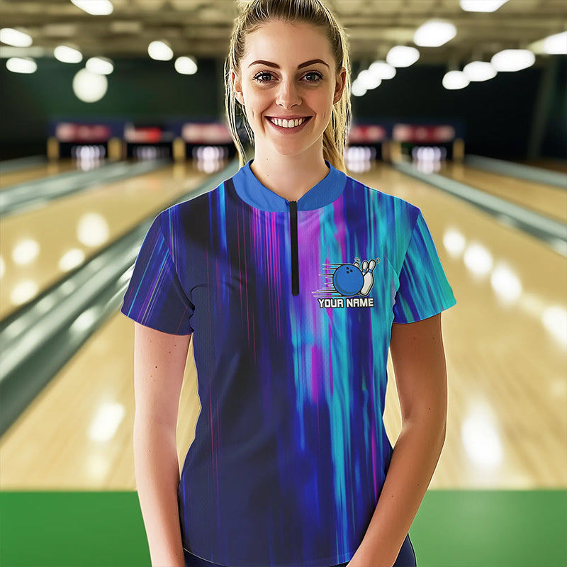 Blau-lila individuelle Bowling-Quarter-Zip-Hemden für Damen, Galaxy-Bowlingteamhemden IPHW6793