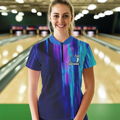 Blau-lila individuelle Bowling-Quarter-Zip-Hemden für Damen, Galaxy-Bowlingteamhemden IPHW6793
