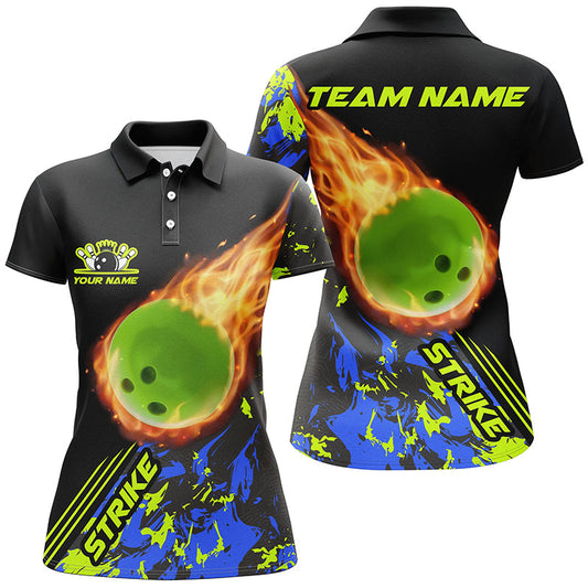 Individuelle Damen-Bowling-Polohemden, grüne Flammen-Bowlingkugel, "Strike"-Bowlingteam-Trikots IPHW5421