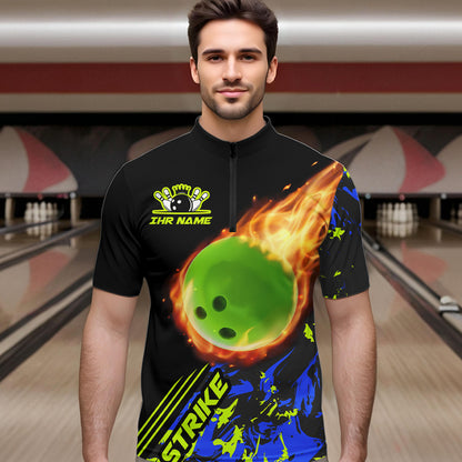 Personalisierte Herren-Bowling-Quarter-Zip-Hemden, grüne Flammen-Bowlingkugel, "Strike"-Bowlingteam-Trikots IPHW5421