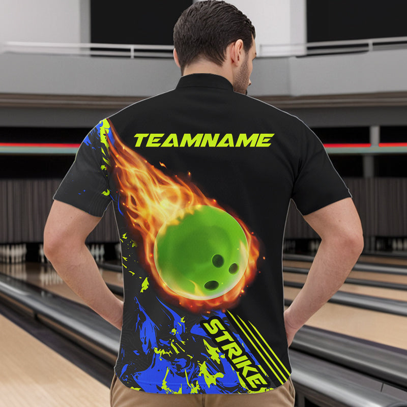Personalisierte Herren-Bowling-Quarter-Zip-Hemden, grüne Flammen-Bowlingkugel, "Strike"-Bowlingteam-Trikots IPHW5421