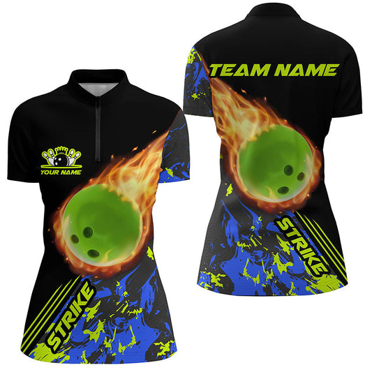 Individuelle Damen-Bowling-Quarter-Zip-Hemden, grüne Flammen-Bowlingkugel, "Strike"-Bowlingteam-Trikot IPHW5421