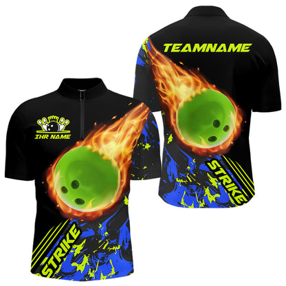 Personalisierte Herren-Bowling-Quarter-Zip-Hemden, grüne Flammen-Bowlingkugel, "Strike"-Bowlingteam-Trikots IPHW5421