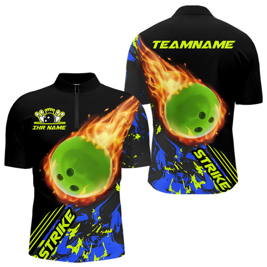 Personalisierte Herren-Bowling-Quarter-Zip-Hemden, grüne Flammen-Bowlingkugel, "Strike"-Bowlingteam-Trikots IPHW5421