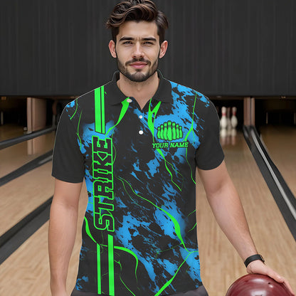 Schwarze, grüne und blaue „Strike“-Bowling-Polohemden, individuelle Herren-Bowlingteam-Hemden, Bowlingtrikots IPHW5263