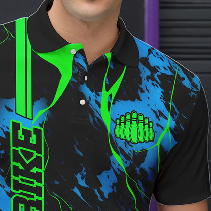 Schwarze, grüne und blaue „Strike“-Bowling-Polohemden, Herren-Bowlingteam-Hemden, Bowlingtrikots IPHW5263.1