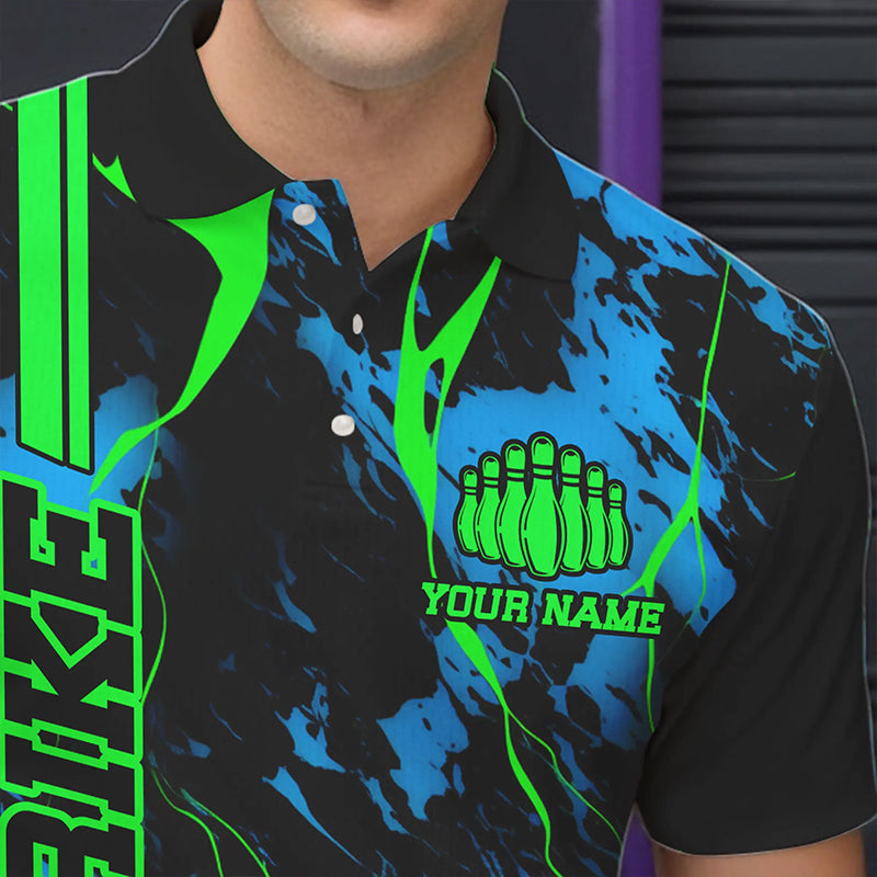 Schwarze, grüne und blaue „Strike“-Bowling-Polohemden, individuelle Herren-Bowlingteam-Hemden, Bowlingtrikots IPHW5263