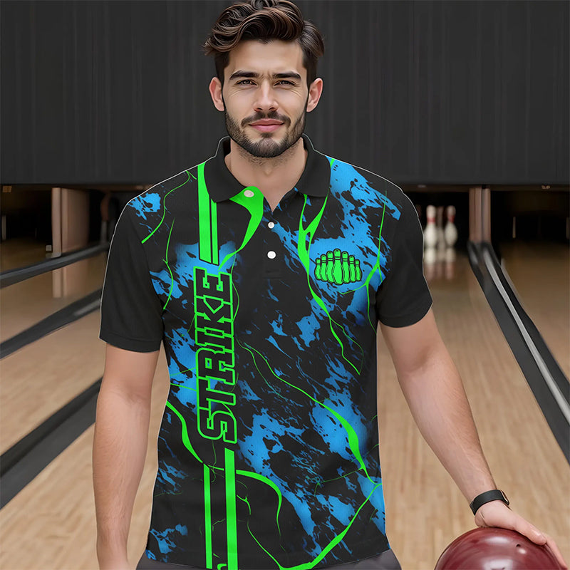 Schwarze, grüne und blaue „Strike“-Bowling-Polohemden, Herren-Bowlingteam-Hemden, Bowlingtrikots IPHW5263.1