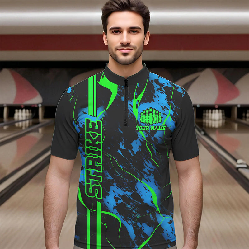 Schwarze, grüne und blaue „Strike“-Bowling-Quarter-Zip-Hemden, individuelle Herren-Bowlingteam-Hemden IPHW5263