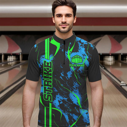 Schwarze, grüne und blaue „Strike“-Bowling-Quarter-Zip-Hemden, individuelle Herren-Bowlingteam-Hemden IPHW5263