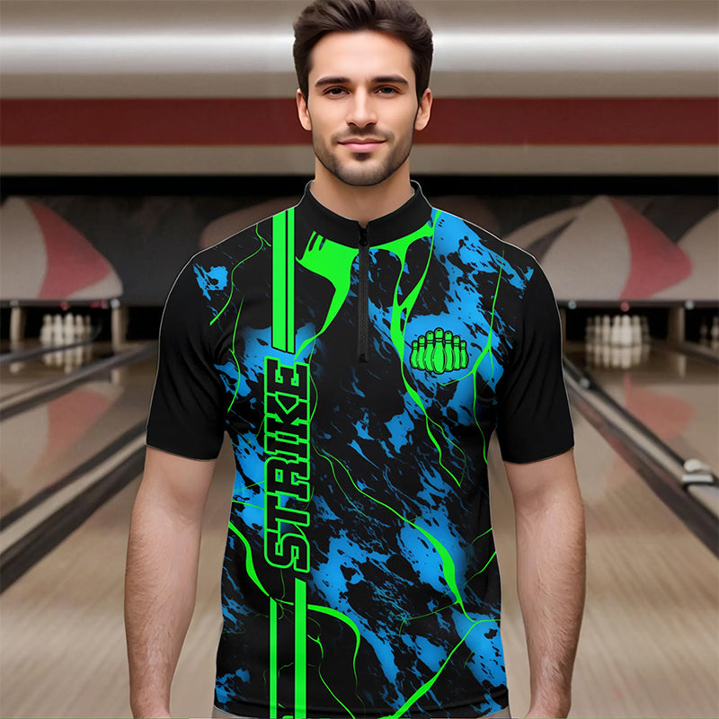 Schwarze, grüne und blaue „Strike“-Bowling-Quarter-Zip-Hemden, Herren-Bowlingteam-Hemden IPHW5263.1