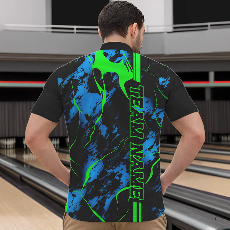 Schwarze, grüne und blaue „Strike“-Bowling-Quarter-Zip-Hemden, individuelle Herren-Bowlingteam-Hemden IPHW5263