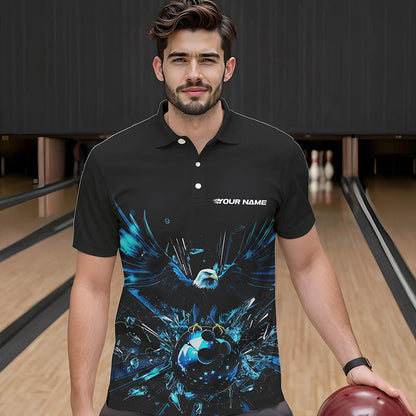 Schwarz-blauer Adler Break-Glass maßgeschneiderte Bowling-Poloshirts für Herren, Bowling-Teamshirt IPHW8396