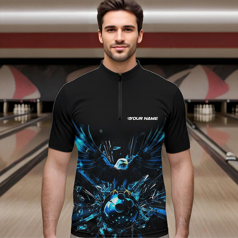 Schwarz-blauer Adler Break-Glass maßgeschneiderte Bowling-Quarter-Zip-Shirts für Herren, Bowling-Teamshirt IPHW8396