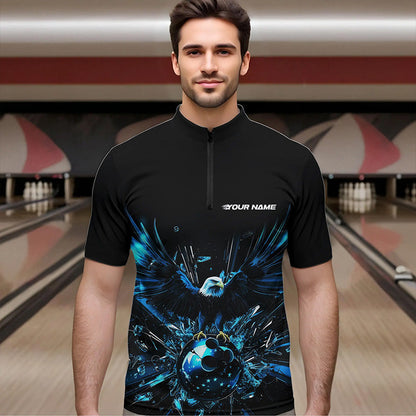 Schwarz-blauer Adler Break-Glass maßgeschneiderte Bowling-Quarter-Zip-Shirts für Herren, Bowling-Teamshirt IPHW8396
