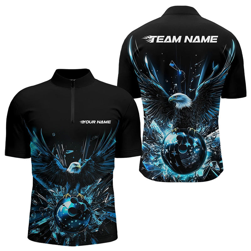 Schwarz-blauer Adler Break-Glass maßgeschneiderte Bowling-Quarter-Zip-Shirts für Herren, Bowling-Teamshirt IPHW8396
